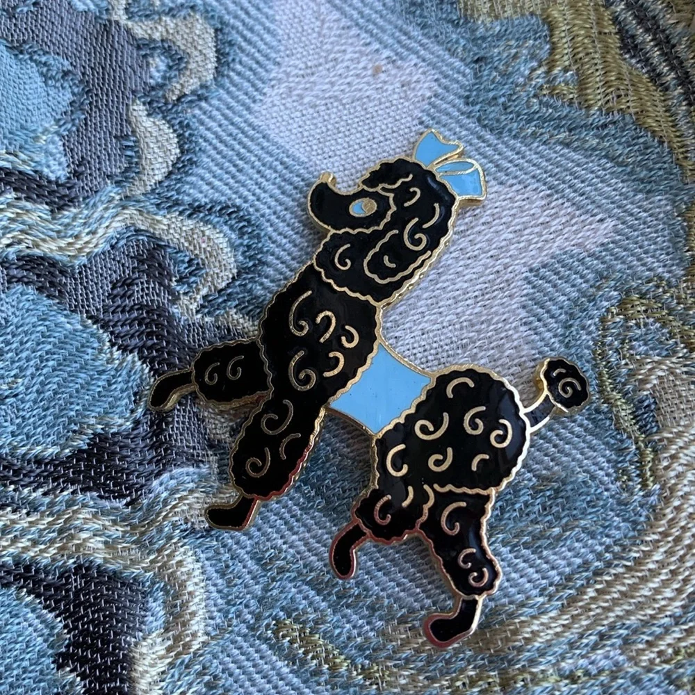 Fancy black French Poodle pin with blue eyes, sweater + bow EUC